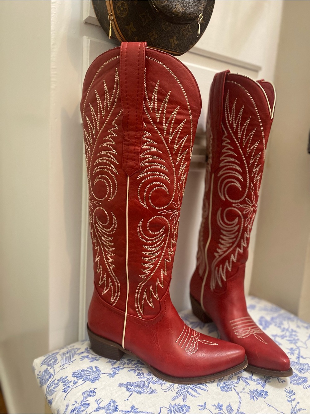 Women’s Wide Calf Red Knee-High Cowgirl Boots - Picture 2 of 7